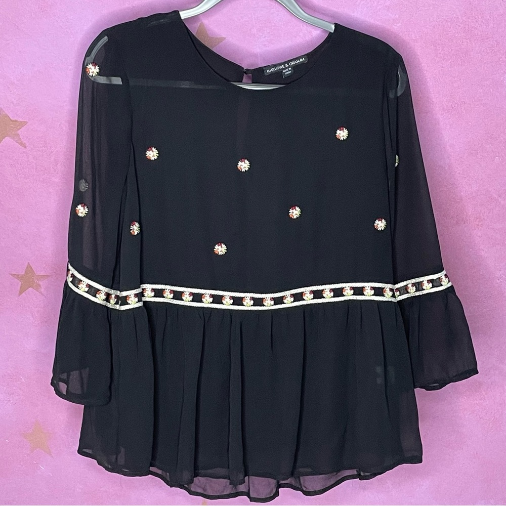 Harlowe and Graham Embroidered Peplum Bell Sleeve Top Large - Picture 4 of 9